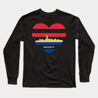 Belgium Skyline cityscape Heart Shape Birds Flying Brussels Long Sleeve T-Shirt